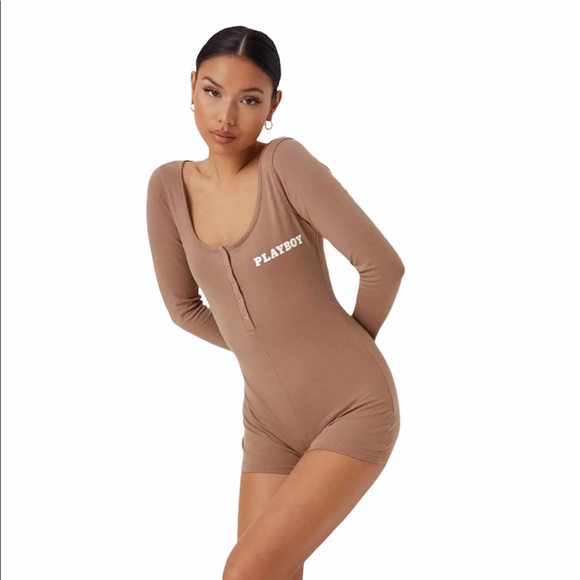 Playboy Brown Logo Button Front Romper - Picture 4 of 7